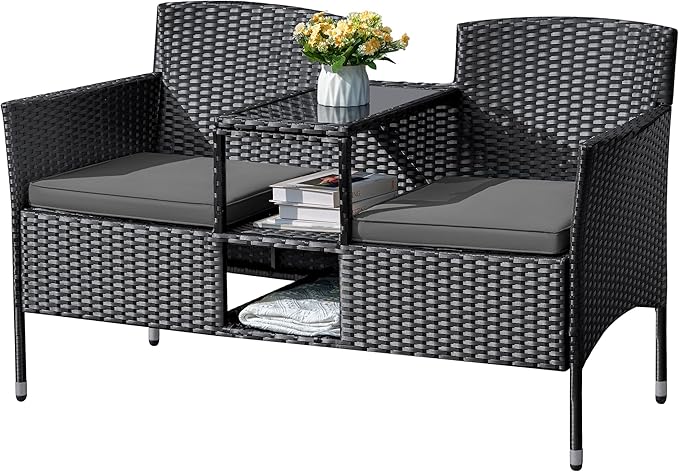 Flamaker Outdoor Furniture Patio Loveseat Wicker 2-Seat with Built-in Table and Cushions Rattan Porch Chairs Bench for Balcony, Lawn, Backyard (Grey)-Ruum Studio Home