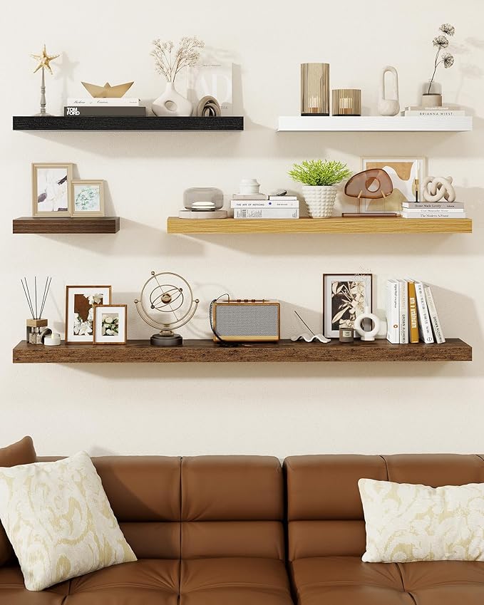 Marsmiles 24" Floating Shelves for Wall, Wooden Shelves with Invisible Brackets Set of 2, Rustic Farmhouse Wall Mounted Shelf for Kitchen Bathroom Living Room Study, Rustic Brown-Ruum Studio Home