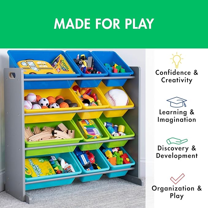 Humble Crew Kids Toy Storage Organizer with 12 Plastic Bins, Grey/Blue/Green/Yellow – Removable Bins for Playroom, Bedroom, Toddler Furniture for Boys and Girls Ages-Ruum Studio Home
