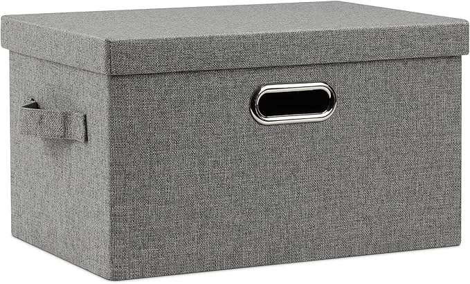 Medium 15" 21 Quart Collapsible Stackable Storage Bins with Lids, 1 Pack Gray Foldable Fabric Closet Storage Boxes with Lids, 4 Handles Heavy-duty Linen Cube Baskets for Bedroom-Ruum Studio Home