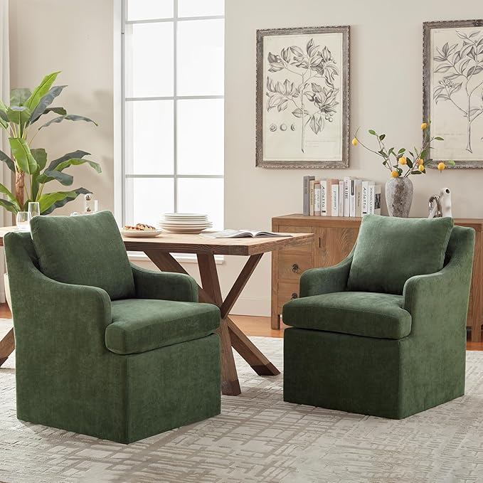 VKNOW Upholstered Dining Chairs Set of 2, Modern Kitchen Chair Dinner Chairs with 4 Casters, Linen Armchair for Bedroom Reading Room, Green-Ruum Studio Home