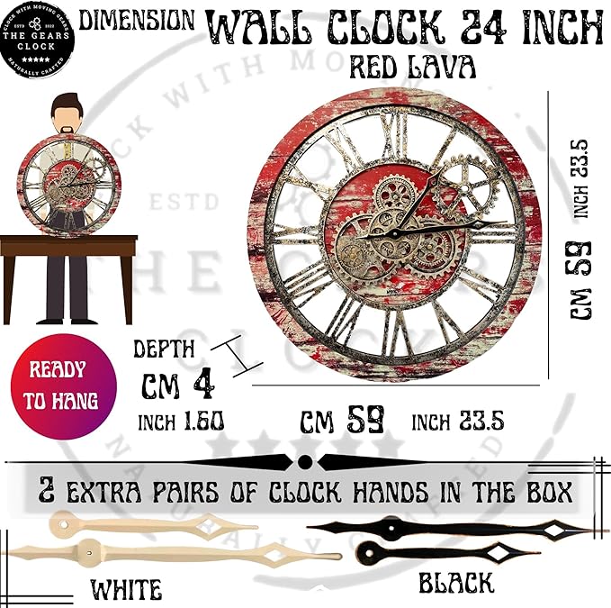 The Gears Clock The Original Real Moving Gear Wall Clock Vintage Industrial Oversized Rustic Farmhouse (24 inch (60cm),Red Lava)-Ruum Studio Home