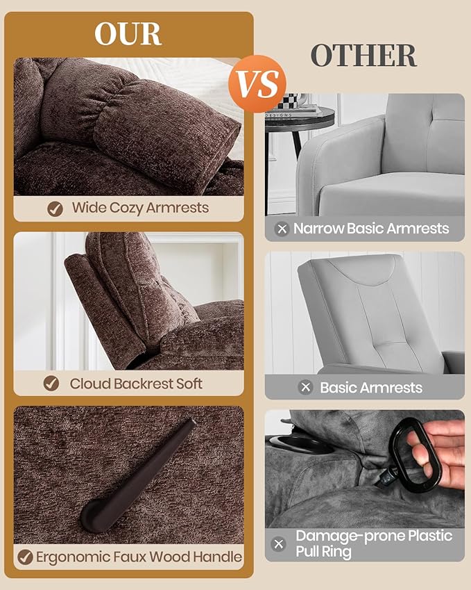 Oversized Recliner Chair Manual Swivel Rocker Recliner for Living Room Chenille Overstuffed Nursery Reclining Sofa Chair Rocking Recliners for Adults 400lbs (Manual, Brown)-Ruum Studio Home