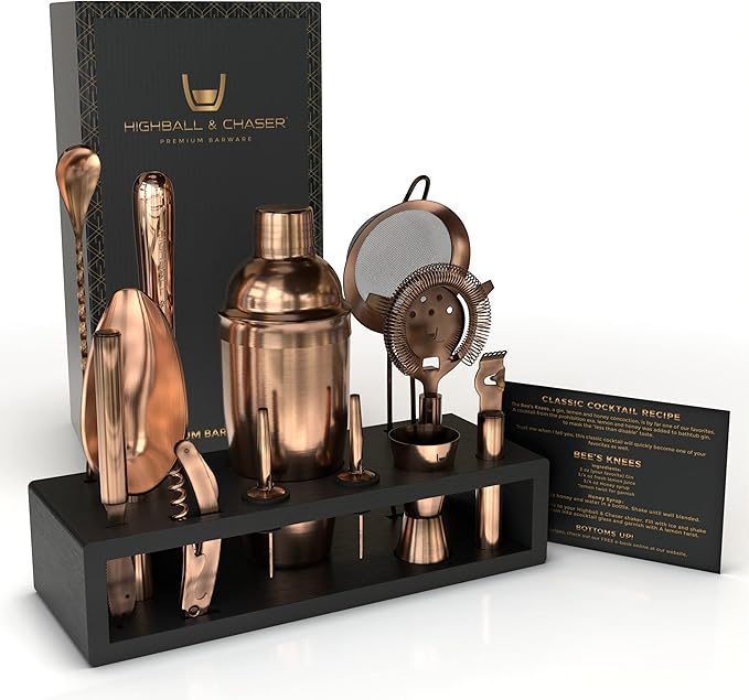 Highball & Chaser 13-Piece Cobbler Cocktail Shaker Set Matte Copper Stainless Steel Bartender Kit For Home Bar Cocktail Set Laser Engraved Cocktail Tools Plus E-Book with 30 Different Cocktail Recipes-Ruum Studio Home