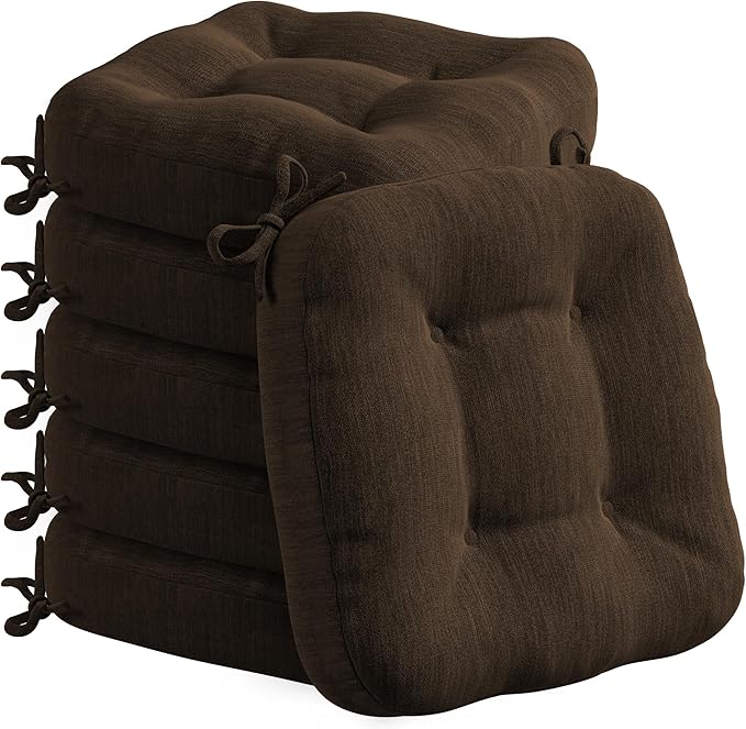 Codi 6 Pack Dining Chair Cushions, Thick Chairs Pads for Indoor Kitchen Room - Washable, Non-Slip Seat Cushion with Ties, 16.5"x16.5"x 3.5", Set of 6, Brown-Ruum Studio Home
