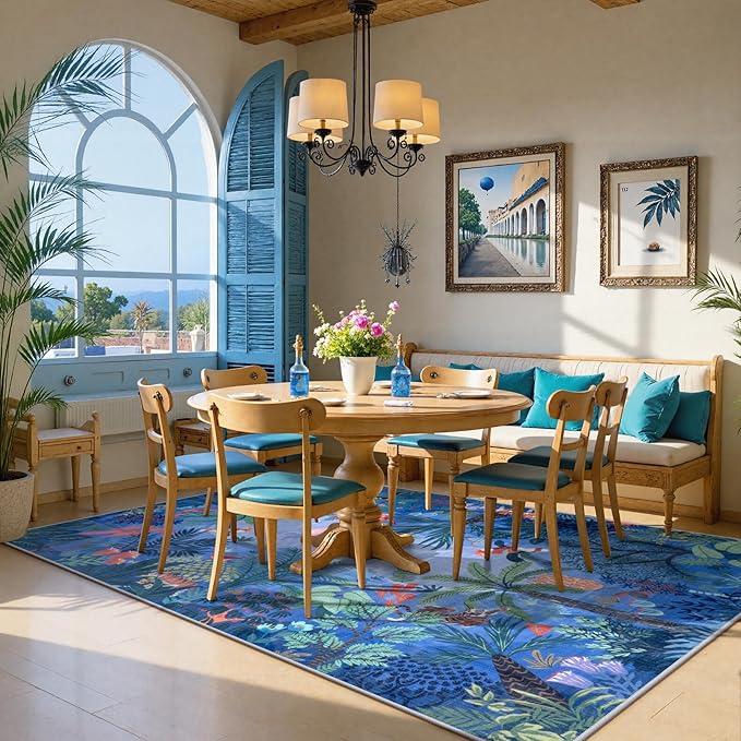 LIVEBOX Jungle Animal Print Dining Room Rugs for Under Table, Soft Modern Rug for Living Room, Washable Kids Rugs for Boy Bedroom, Non-Skid Blue Kids Carpet Playmat Rug for Play-Ruum Studio Home