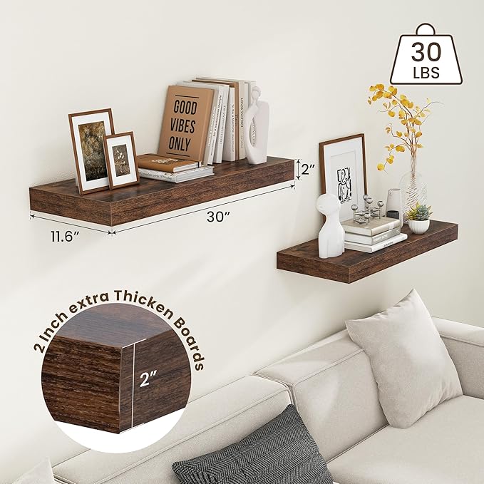 12 Inch Deep Floating Shelves for Wall | 30 Inch Floating Shelves Set of 2 | Rustic Wood Shelves for Living Room Bathroom Laundry Room Bedroom Kitchen Home Office - Rustic Brown-Ruum Studio Home