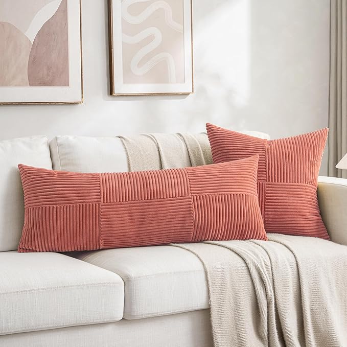 Fancy Homi Set of 2 Coral Boho Long Lumbar Body Decorative Throw Pillow Cover 14x36 Inch for Bed Couch Bedroom Bench, Soft Patchwork Corduroy Textured Pillow Case, Rustic Farmhouse Room Décor-Ruum Studio Home
