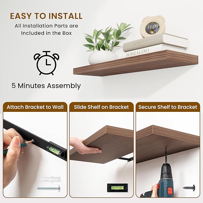 Fun Memories Floating Shelves for Wall, 32 Inch Rustic Wood Wall Mounted Shelves for Bathroom, Bedroom, Kitchen, Living Room, Deep Floating Shelves for Storage & Home Decor (Walnut, Set of 2)-Ruum Studio Home
