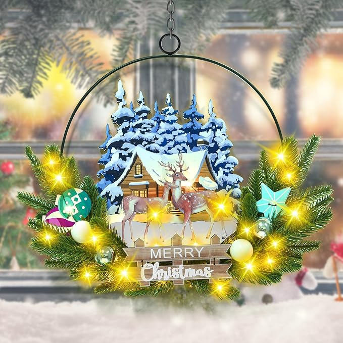 Light up Christmas Wreaths for Front Door, Welcome Metal Wooden Door Wreath Decor Hanging Sign, 30 LED Lighted Wall Decor Battery Operated for Halloween Indoor Outdoor (Deer)-Ruum Studio Home