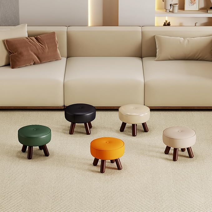 Small Foot Stool 13in, Round Faux Leaher Ottoman Foot Rest for Living Room, Under Desk Footstool Foot Rest with Non-Skid Rubber Legs for Bedroom, Entryway, 13''L x 13''W x 10.2''H, White-Ruum Studio Home