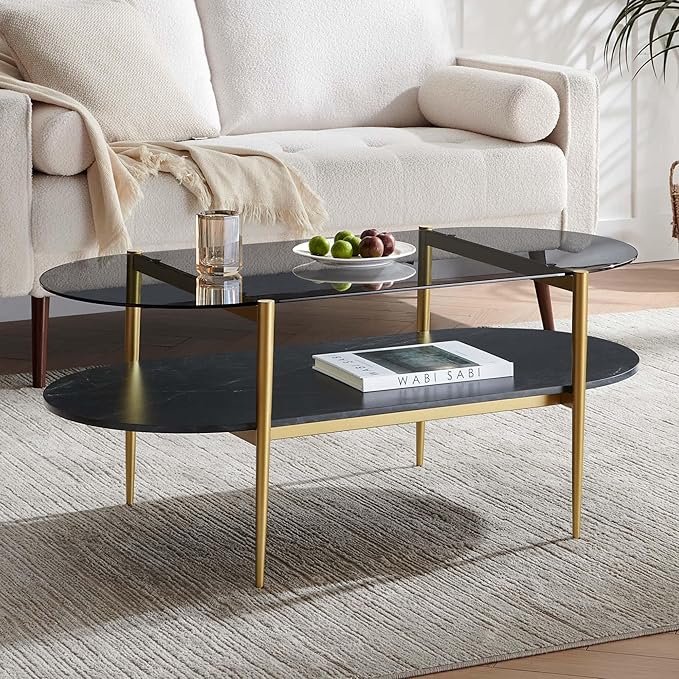 Oval Glass Coffee Table, Mid-Century Modern Design, L41 x W21 x H17 inch, for Living Room, Grey Glass Top, Black Marble Finish Wood Shelf & Gold Finish Frame-Ruum Studio Home