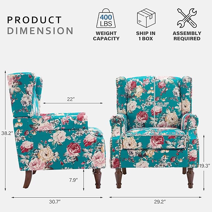Lumibee Wingback Accent Chair,High Back Floral Armchairs in Fabric,Comfy Upholstered Reading Single Sofa Chair with Solid Wood Legs for Living Room,Bedroom,Office-Peacock Blue-Ruum Studio Home