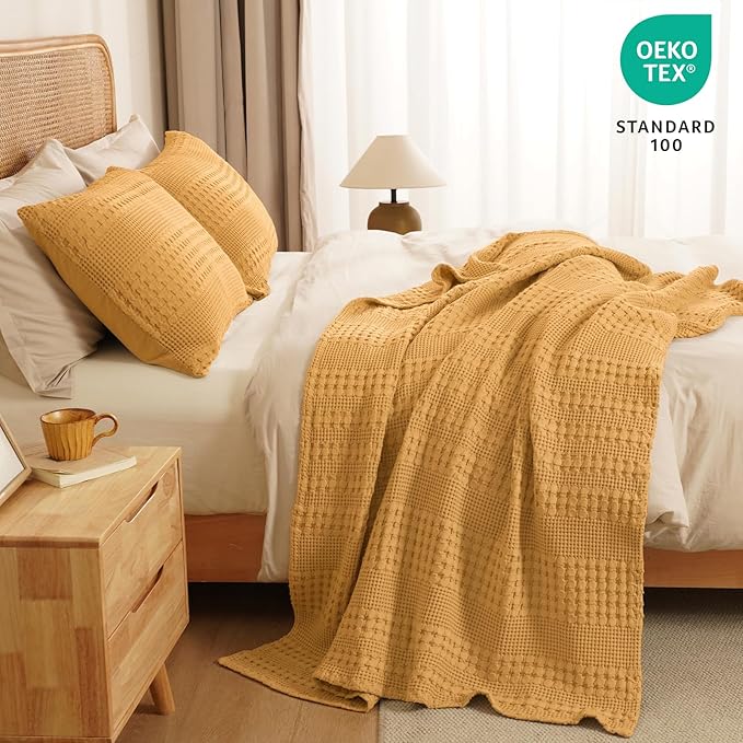 PHF 100% Cotton Waffle Weave Throw Blanket, Soft Lightweight Breathable Cozy Summer Throws for Couch Bed Sofa, Luxury Aesthetic Woven Blanket for Home Decor & Office, 50"x60", Ginger/Honey Yellow-Ruum Studio Home
