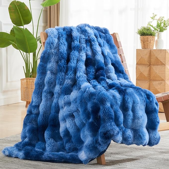 NEWCOSPLAY Faux Fur Twin Blanket Indigo Luxury Fluffy Thick Warm Bubble Blanket for Couch Sofa Bed 700GSM (Indigo, Twin(60"x80"))-Ruum Studio Home