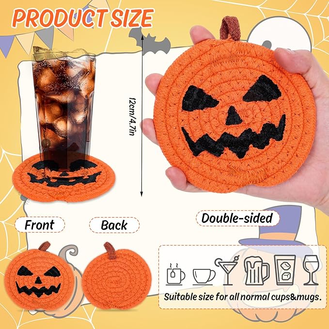 Whaline 4Pcs Halloween Pumpkin Handmade Braided Cotton Coasters Orange Black Pumpkin Shape Drink Coasters Absorbent Cup Coasters for Home Office Party Decor, 4.7 Inch-Ruum Studio Home