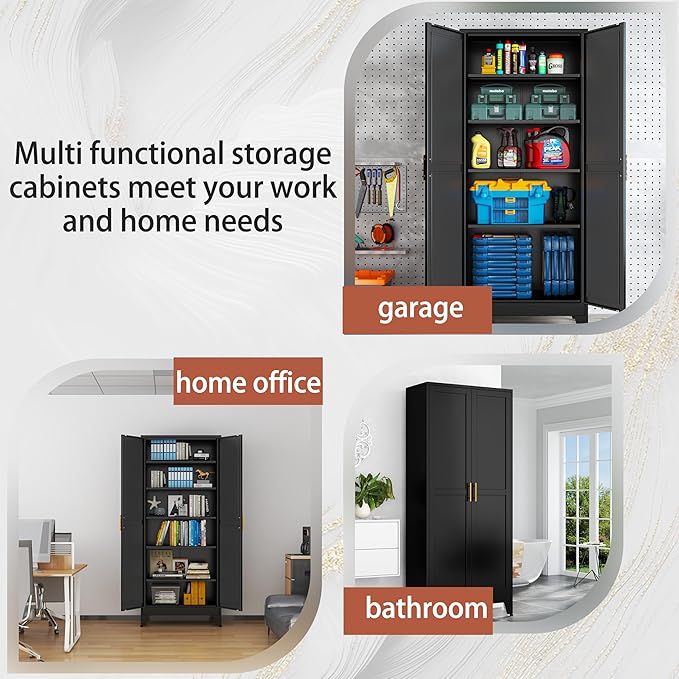 Kitchen Pantry Storage Cabinet with Doors and Adjustable Shelves, Metal ClosetMaid Food Pantry Cabinets, 75" Tall Freestanding Cupboard for Kitchen, Laundry or Utility Room, Black-Ruum Studio Home