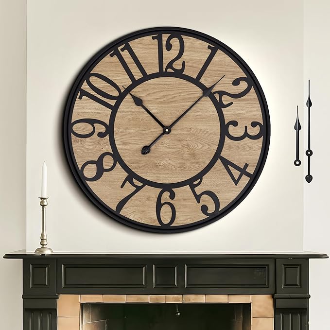 Large Wall Clock for Living Room Decor, Non Ticking Silent, Battery Operated Modern Vintage Wood Wall Clock Oversized Decorative Wall Clock for Bedroom Kitchen Farmhouse Office Decor-Ruum Studio Home
