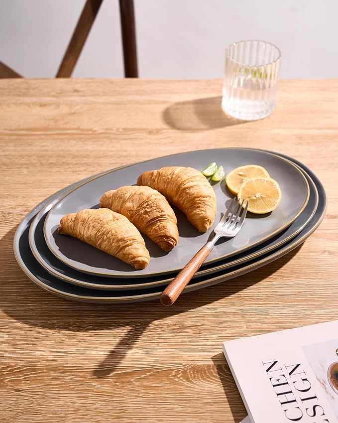 famiware Serving Platter, Oval 15.59/14.3/12.9 inch Serving Dishes for Entertaining, Serving Bowls, Microwave Safe, Fine Stonware Serving Trays for Party, Turkey, Cheese, Ocean Series, Dark Grey-Ruum Studio Home
