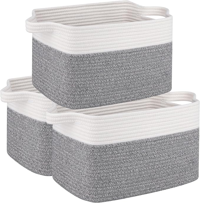 OIAHOMY 3 Pack Storage Basket for Organizing, 13''X9.85''X8.7'' Storage Bins,Woven Basket Basket with Handles, Toy Storage Basket Bin,Stylish Room Decor Basket, White & Grey variegated-Ruum Studio Home