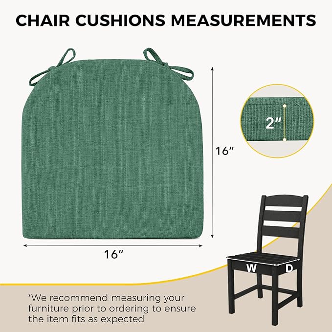 downluxe Indoor Chair Cushions for Dining Chairs, Soft and Comfortable Textured Foam Kitchen Chair Pads with Ties and Non-Slip Backing, 16" x 16" x 2", Dark Green, 6 Pack-Ruum Studio Home