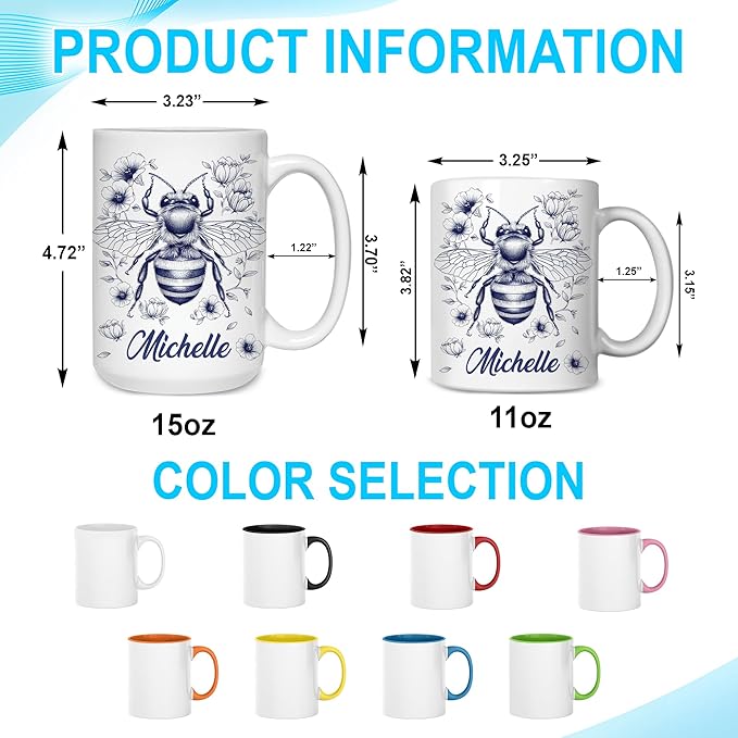 Hyturtle Personalized Floral Bee Mug - Bee Keeper Gifts For Women Lovers Teacher - Honey Gifts For Beekeeper Farmer On Birthday - Queen Honeycomb Decor - Custom Coffee Cup Ceramic Mug 11 Oz 15 Oz-Ruum Studio Home