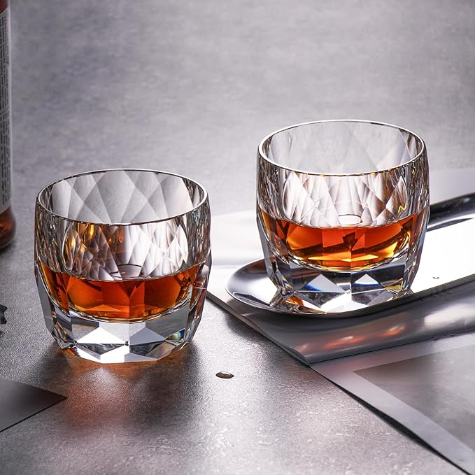 KAMMAK Crystal Whiskey Glasses Set of 2, 7.1oz Old Fashioned Glasses Stemless, Hand Blown White Cocktail Glasses, Luxury Handcrafted Cut Ice Ball Cup for Women, Perfect Men Gift for Bourbon-Ruum Studio Home