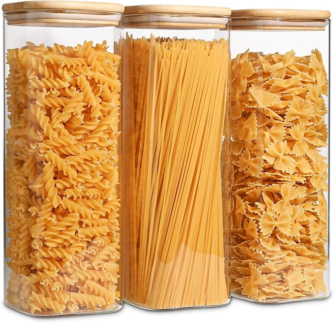 ComSaf Glass Spaghetti Pasta Storage Containers with Lids 2.2 Qt Set of 3, Tall Clear Airtight Food Storage Jar with Lid for Noodles Flour Oat Cereal Sugar Beans, Sqaure Spaghetti Pantry Containers-Ruum Studio Home