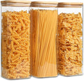 ComSaf Glass Spaghetti Pasta Storage Containers with Lids 2.2 Qt Set of 3, Tall Clear Airtight Food Storage Jar with Lid for Noodles Flour Oat Cereal Sugar Beans, Sqaure Spaghetti Pantry Containers-Ruum Studio Home
