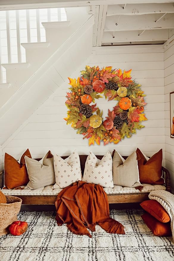 Fall Wreaths for Front Door 26'' Autumn Velvet Pumpkin Wreath with Metal Hook Large Harvest Maple Wreath Fall Decoration for Home Halloween Thanksgiving Decoration, Briful-Ruum Studio Home