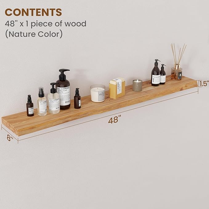 Floating Shelves for Wall Decor, Rustic Solid Elm Wood Live Edge Floating Shelves Wall Mounted, Wall Shelves with Invisible Bracket for Living Room Bathroom Bedroom Kitchen, 48 Inch, Natural-Ruum Studio Home