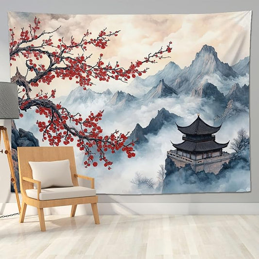 keowhsf Japanese Tapestry Aesthetic Wall Decor – Watercolor Ink Landscape with Red Plum Blossoms and Misty Mountains, Asian Art Hanging for Bedroom, Living Room, Dorm-Ruum Studio Home