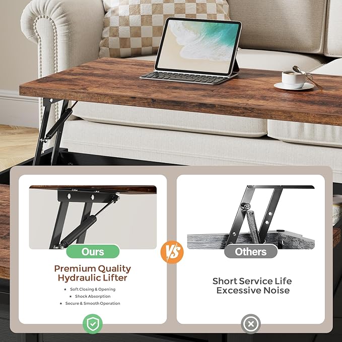 31.5" Lift Top Coffee Table with Storage, Farmhouse Coffee Tables for Living Room, Square Coffee Table with Large Hidden Storage Compartment, 2 Drawers & Removable Shelves, Black-Ruum Studio Home