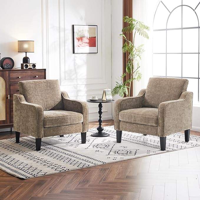 VINGLI Accent Chairs Set of 2 Living Room Chairs Light Brown Reading Chair for Bedroom Scooped Arm Chair Mid Century Modern Accent Chairs Upholstered Comfy Chair for Apartment, Waiting Room-Ruum Studio Home