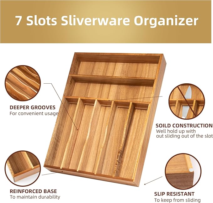 Silverware Organizer Kitchen Drawer Organizer Utensil Organizer Acacia Silverware Holder Cutlery Organizer in Drawer Flatware Organizer Tray(7 slots, Acacia-Ruum Studio Home