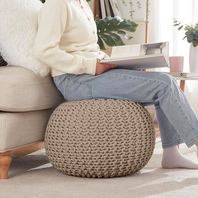 Ornavo Home Pouf Ottoman Foot Rest - 100% Cotton Pouffe - Hand Knitted Cable Braid Cord - Boho Round Stuffed Ottoman for Living Room, Bedroom - Beige-Ruum Studio Home