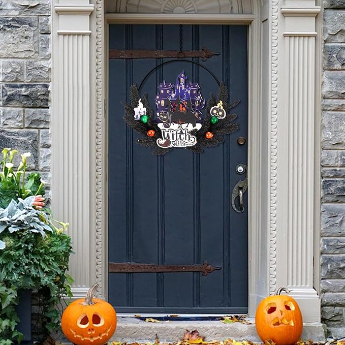 Lighted Halloween Wreaths for Front Door, Welcome Metal Wooden Door Wreath Decor Hanging Sign, 30 LED Lighted Wall Decor Battery Operated for Halloween Indoor Outdoor (Witch)-Ruum Studio Home