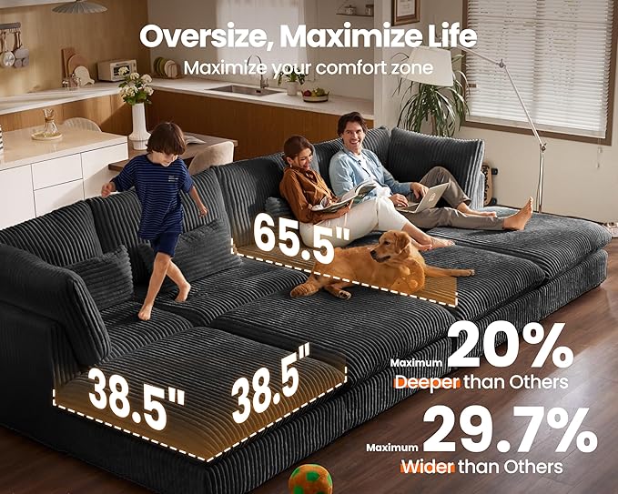 Oversized Modular Sofa, Extra Deep Cloud Corduroy Sectional Couch with Ottoman Chaise, Fluffy Corduroy 2 Seater Sofa Bed for Living Room, Villa (Loveseat Sofa, Corduroy Black)-Ruum Studio Home