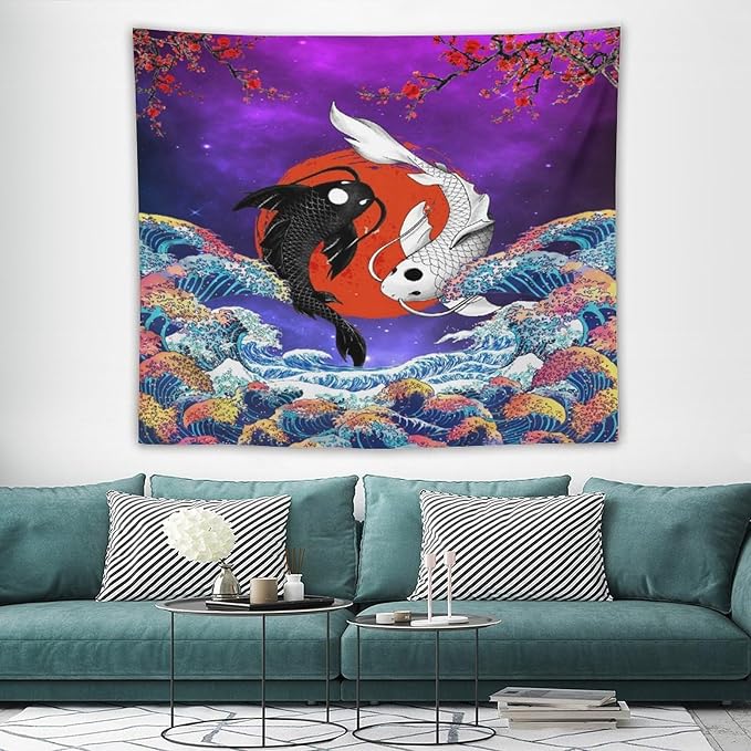 Houselerax Japanese Koi Fish Tapestry, Yin Yang Big Wave Cherry Blossom Tapestries Wall Hanging for Bedroom Living Room Office Decor 60"x50"-Ruum Studio Home