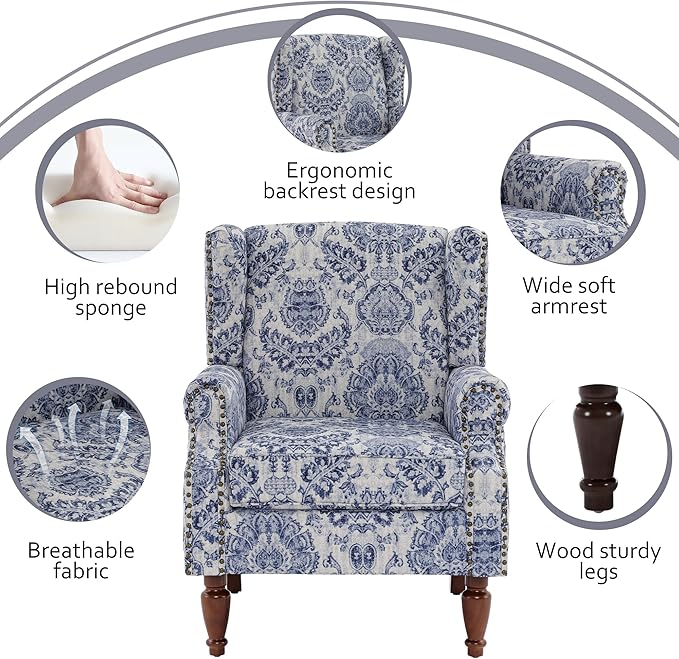 Lumibee Wingback Accent Chair,High Back Floral Armchairs in Fabric,Comfy Upholstered Reading Single Sofa Chair with Solid Wood Legs for Living Room,Bedroom,Office-Navy-Ruum Studio Home