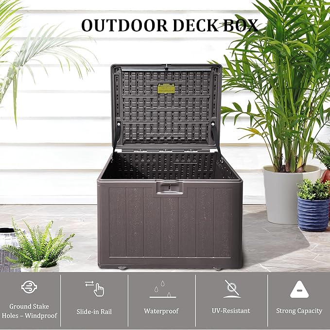 33 Gallon Pro Outdoor Storage Box Waterproof Lockable Resin Deck Box Large, Patio Storage Bin for Pool Accessories Cushion Furniture, Garden Tools, UV-Resistant Outside Delivery Brown-Ruum Studio Home
