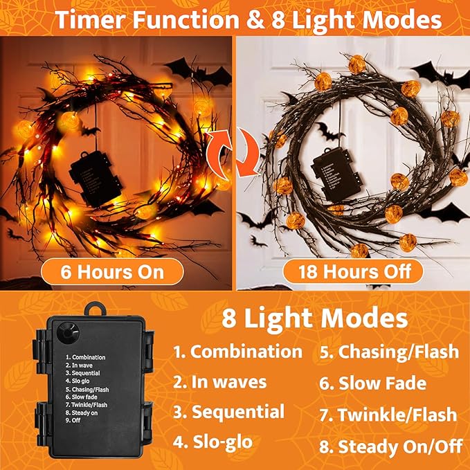 [ 8 Modes & Timer ] Halloween Willow Vine Twig Decor Garland with Pumpkins, 6 FT 54 LED Battery Operated for Indoor Halloween Decorations Home Mantle Fireplace-Ruum Studio Home