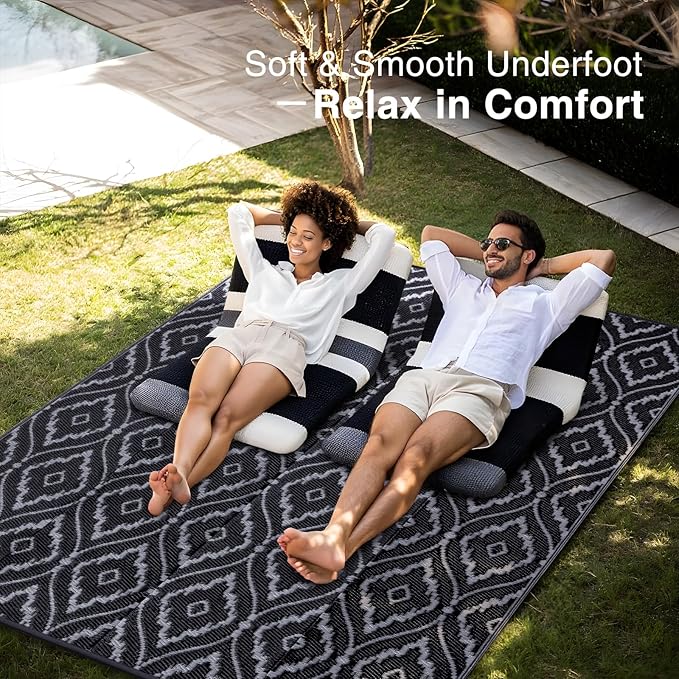 OLANLY Outdoor Rug 8x10 ft Waterproof, Outdoor Plastic Straw Rug with Geometric Pattern Clearance, Reversible RV Mat for Patio, Camping, Balcony, Deck, Backyard, Black & Grey-Ruum Studio Home