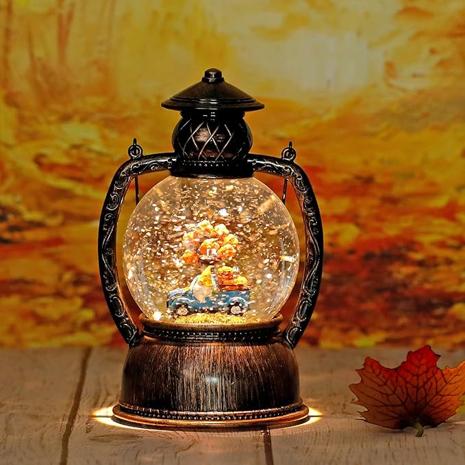 Fall Snow Globes, Blue Truck Pumpkin and Gnome Scene Snow Globes, Glittering Lantern with Timer, Snow Globe Lantern USB or Battery Powered for Fall Festival Thanksgiving Day Decor-Ruum Studio Home