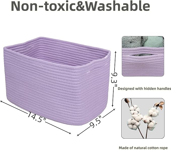 Cotton Rope storage Basket Bins Woven Basket for Organizing Shelves Rectangle Decorative Baskets For storage Clothes Toys Books Towels Square Wicker Nursery basket organizer 3 pack purple lavender-Ruum Studio Home