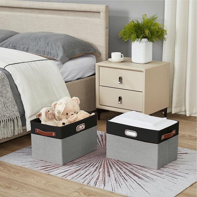 Large Collapsible Fabric Storage Bins with 3 Handles, Foldable Organizer Baskets for Closet, Shelves, Living Room | 3 Pack, Durable PU & Metal Handles (14.9"x9.8"x9.8", Black & Gray)-Ruum Studio Home