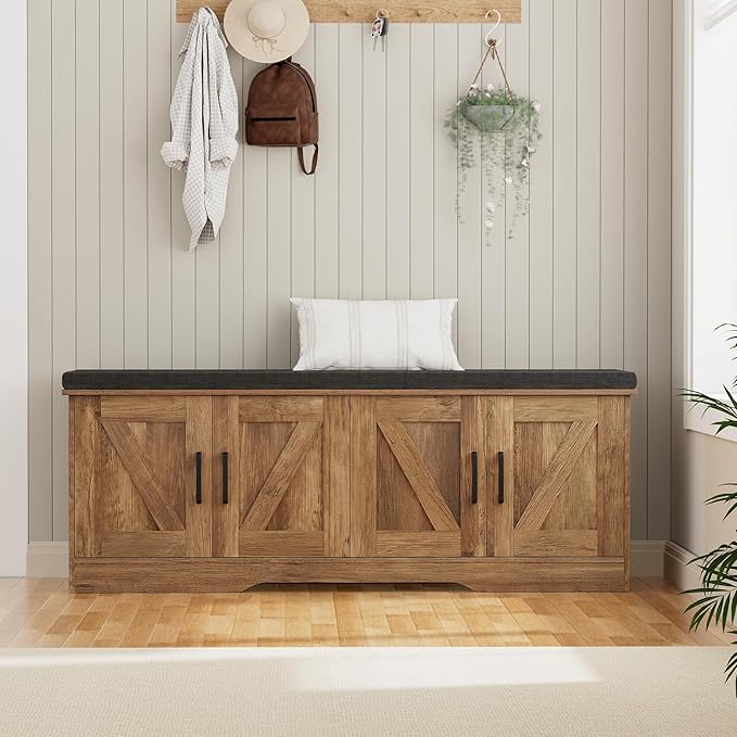2-Tier Storage Bench, Shoe Bench with Padded Seat Cushion, Entryway Bench with 4 Barn Doors, Adjustable Shelf, 13.8" D x 47.2" W x 17.7" H, for Entryway, Living Room, Bedroom, Rustic Walnut-Ruum Studio Home