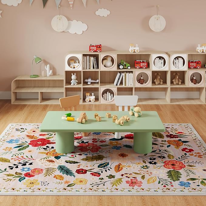 Living Room Rug 6x9 Rug Machine Washable Boho Area Rug Non Slip Floral Vintage Low Pile Large Rug for Living Room, Bedroom, Farmhouse, Dining Room, Kids Playroom(Beige)-Ruum Studio Home
