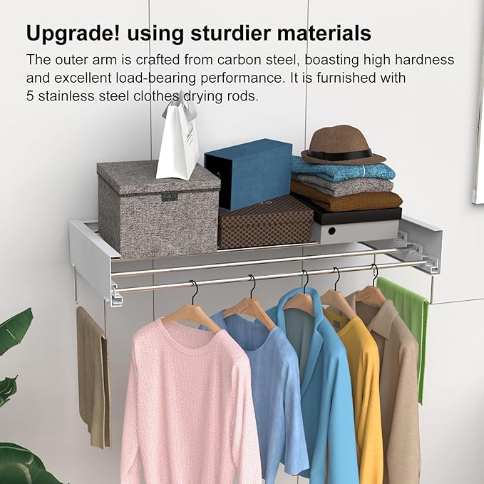 Wall Mounted Drying Rack, Foldable Laundry Rack, Collapsible Drying Rack, 5 Stainless Rods, Wall Mounted Clothing Rod with 2 Towel Bar, 90 lb Capacity, 31.5" White-Ruum Studio Home