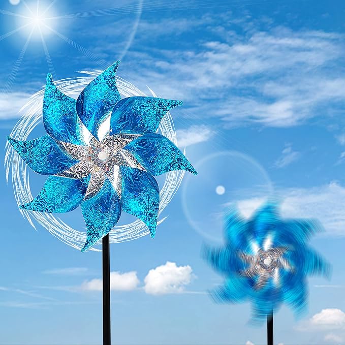 Hausse 10 Pack Reflective Pinwheels with Stakes, Extra Sparkly Pin Wheel for Garden Decor, Bird Repellent Devices Deterrent to Scare Birds Away from Yard Patio Farm, Blue-Ruum Studio Home